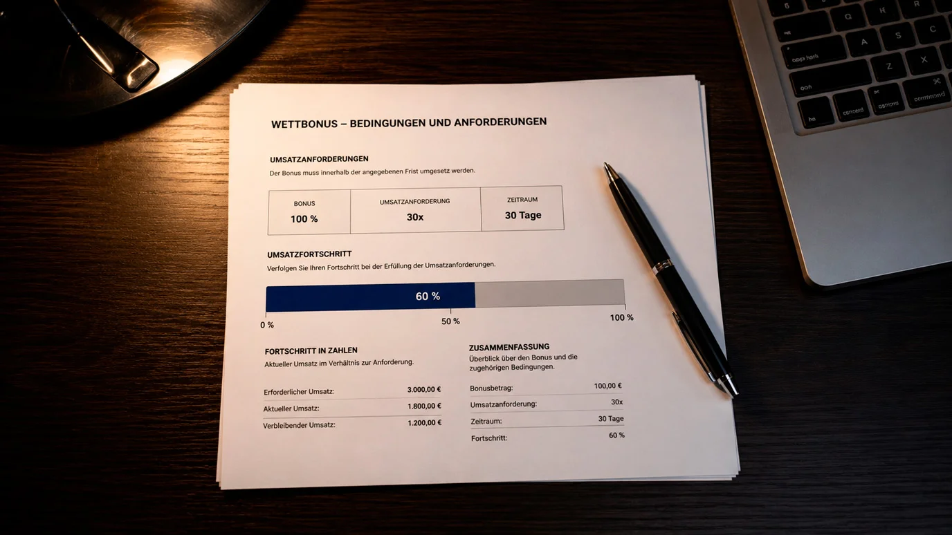 Dokument mit Umsatzbedingungen und Rollover-Berechnung für MMA Wetten