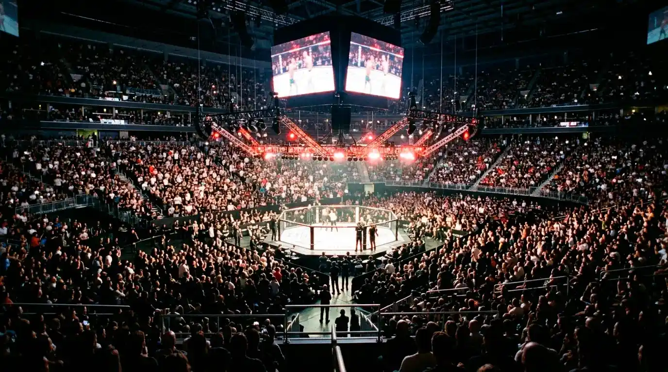UFC-Arena während eines MMA-Kampfes mit Zuschauern und Oktagon